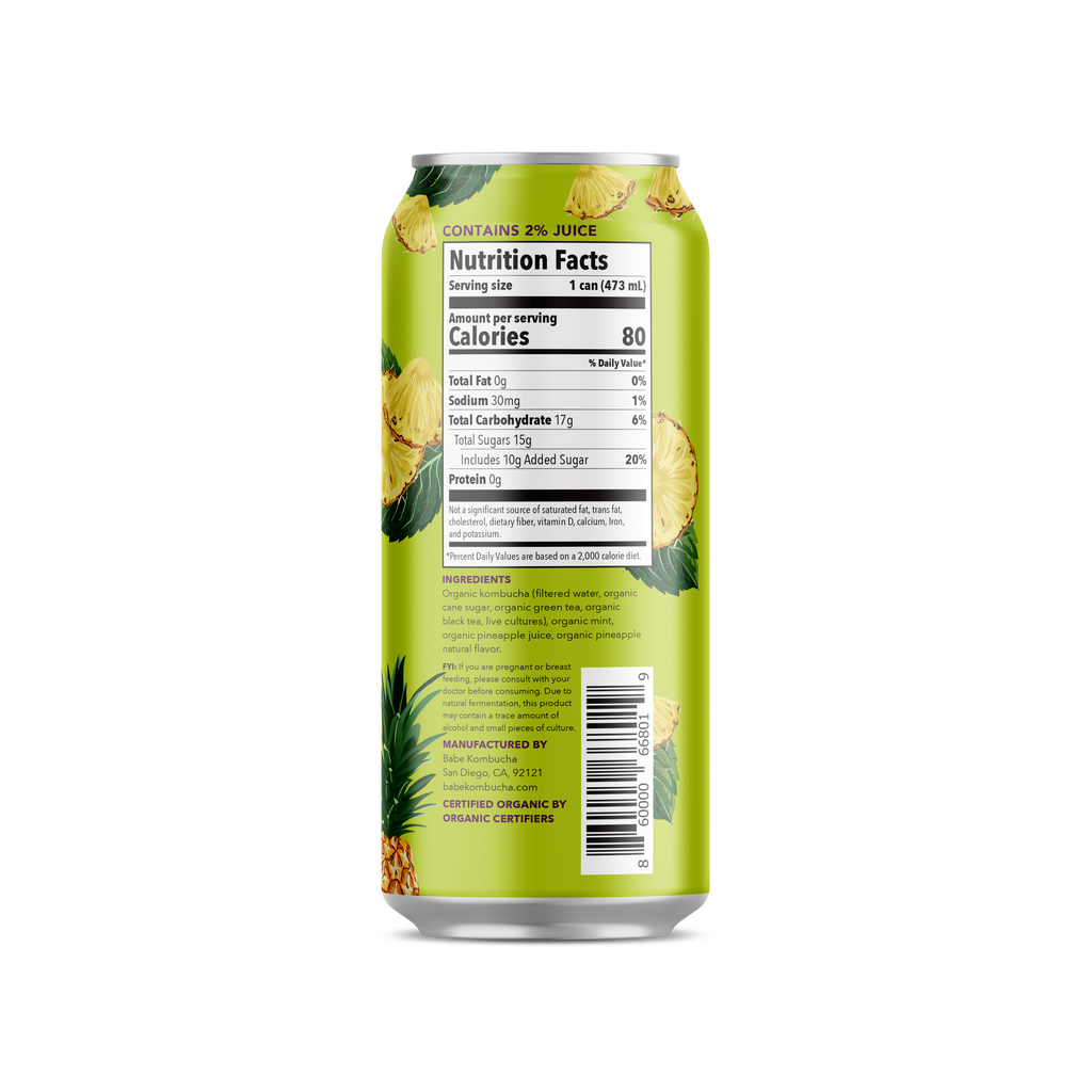 Kombucha Beach Vibes Right Back side can Featuring Nutrition Facts and Ingredients:  Organic kombucha ( filtered water, Organic Cane Sugar, Organic green Tea, Organic black Tea, live cultures), Organic Mint, Organic Pineapple Juice, Organic Pineaple Natural Flavor